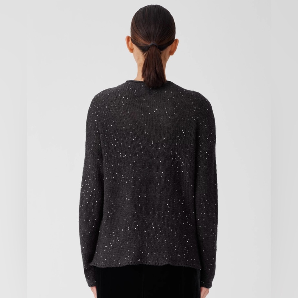 NWT Eileen Fisher Black Sequin Merino Wool Long Sleeve Crew Neck Sweater XS - Picture 2 of 9